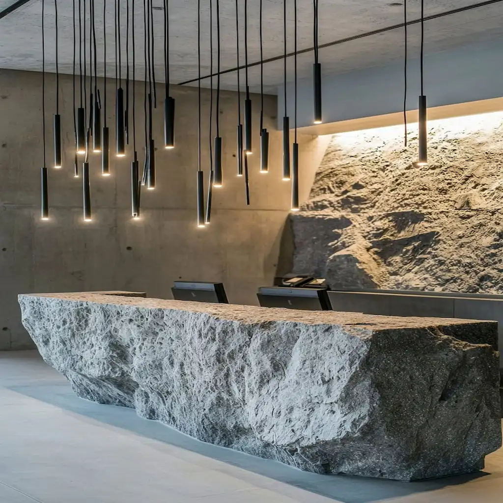 Comptoir d’accueil sculpté en béton façon roche brute, éclairage suspendu et ambiance minérale – Réalisation Art Déco Béton