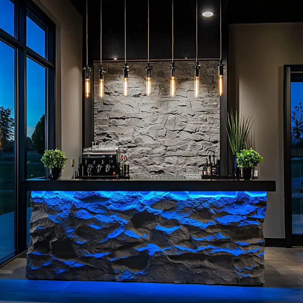 Bar professionnel avec comptoir en béton sculpté façon roche, éclairage LED bleu, plantes décoratives – Réalisation Art Déco Béton