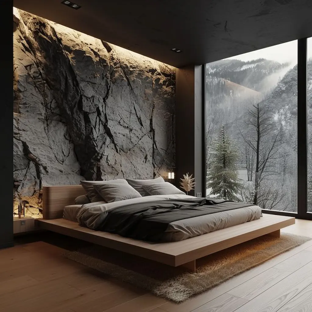 Chambre moderne avec mur en béton sculpté façon roche naturelle, éclairage indirect et vue sur paysage enneigé