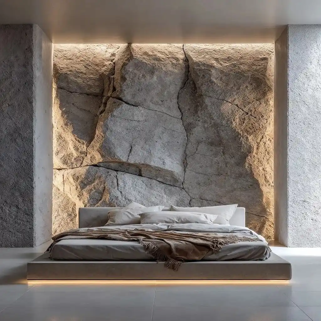 Chambre moderne avec mur en béton sculpté façon roche naturelle, éclairage intégré et ambiance minérale