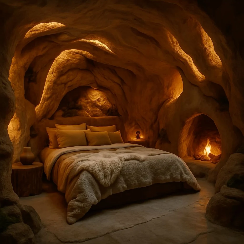 Chambre en forme de grotte avec murs en béton sculpté, éclairage indirect chaud et lit cosy en teintes naturelles