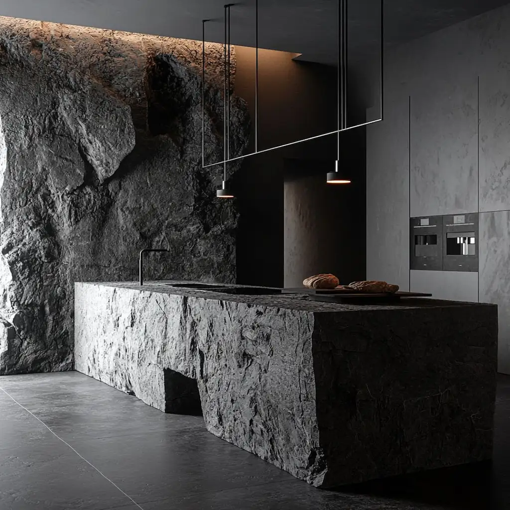 Cuisine moderne avec îlot en béton sculpté façon roche noire, éclairage suspendu et ambiance minérale – Réalisation Art Déco Béton
