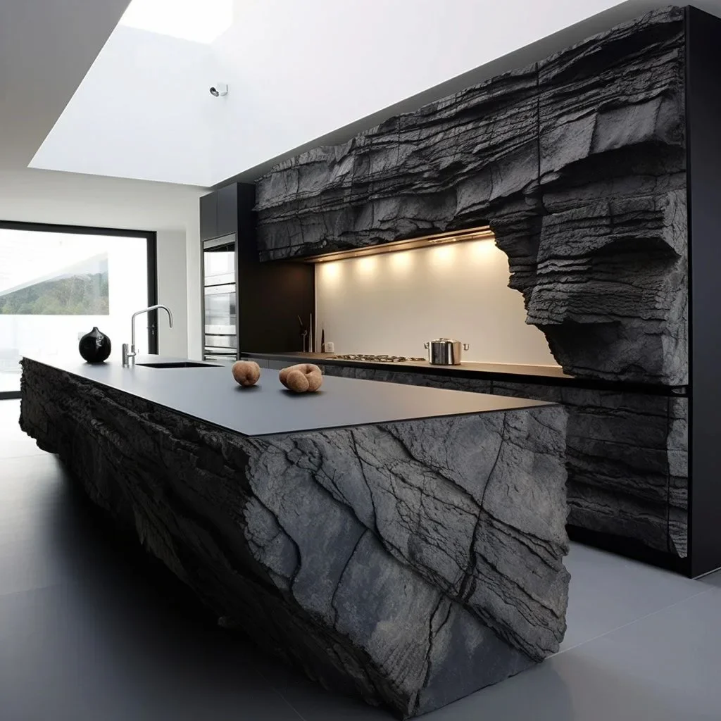 Cuisine moderne avec îlot central en béton sculpté façon roche noire, plan de travail design – Réalisation Art Déco Béton