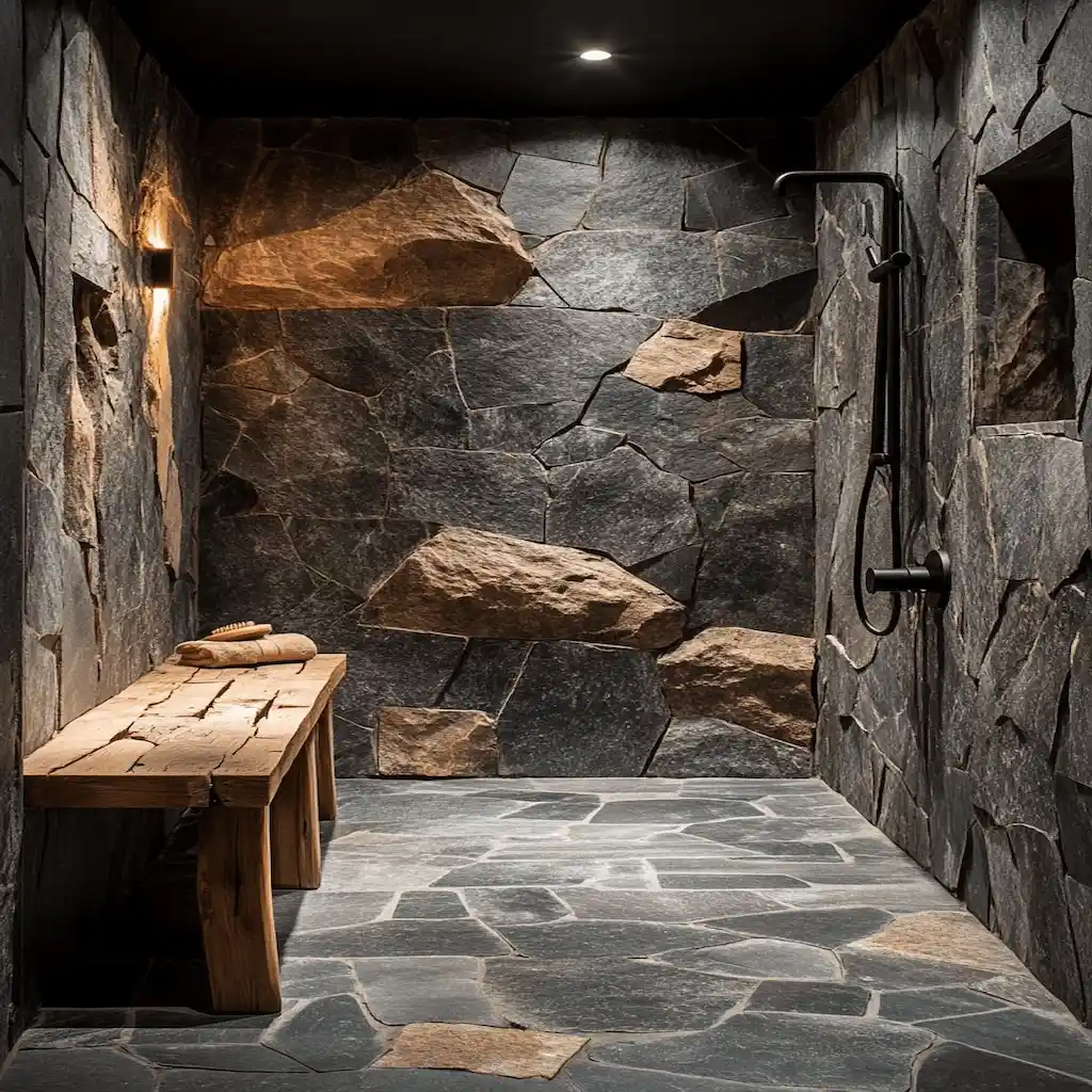 Douche design avec murs en béton sculpté façon roche naturelle, banc en bois brut et ambiance minérale