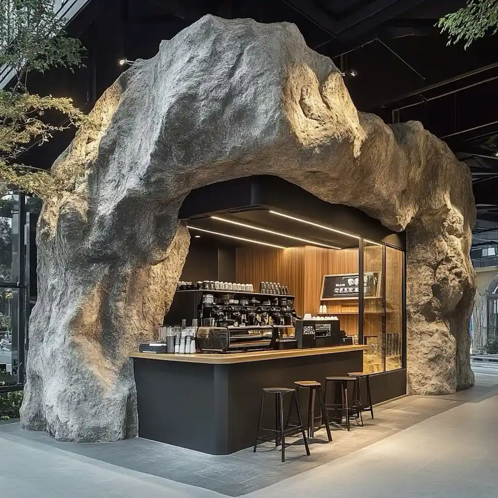 Coffee shop encastré dans une roche artificielle en béton, comptoir moderne et ambiance immersive – Réalisation Art Déco Béton