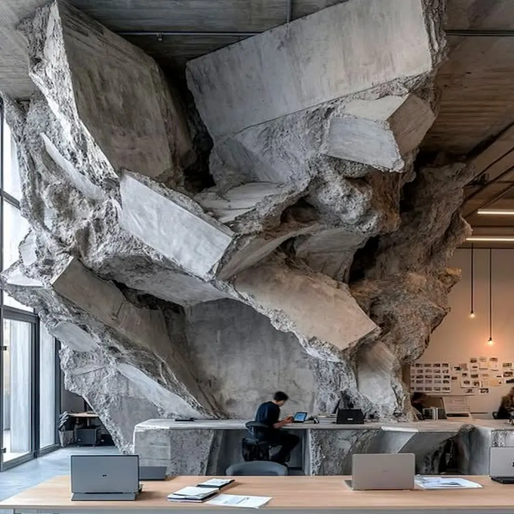 Bureau moderne avec structure murale et plafond en béton sculpté façon roche, ambiance brute et créative – Réalisation Art Déco Béton