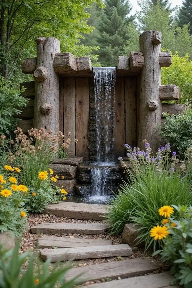 Aménagement extérieur avec cascade rustique en béton sculpté façon roche naturelle, fleurs et ambiance zen – Réalisation Art Déco Béton