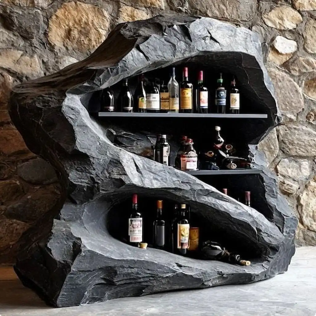 Meuble à vin encastré dans une roche artificielle en béton sombre, étagères sculptées et ambiance minérale – Réalisation Art Déco Béton