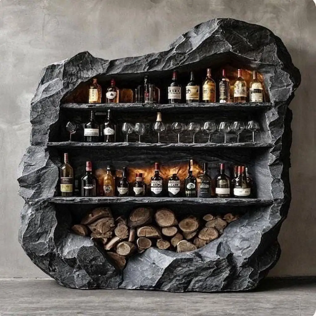Meuble bar encastré dans une roche artificielle en béton sombre, étagères rétroéclairées et bois de chauffage – Réalisation Art Déco Béton