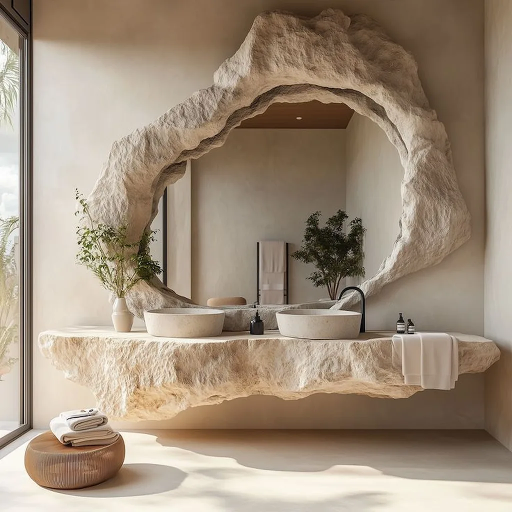 Salle de bain moderne avec miroir sculptural et vasques sur plan béton façon roche naturelle, décoration minérale élégante et lumière naturelle