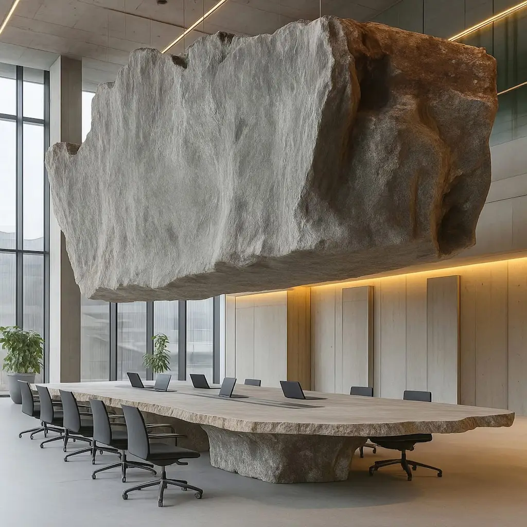 Salle de réunion moderne avec table monumentale en béton sculpté façon roche brute et plafond assorti – Réalisation Art Déco Béton