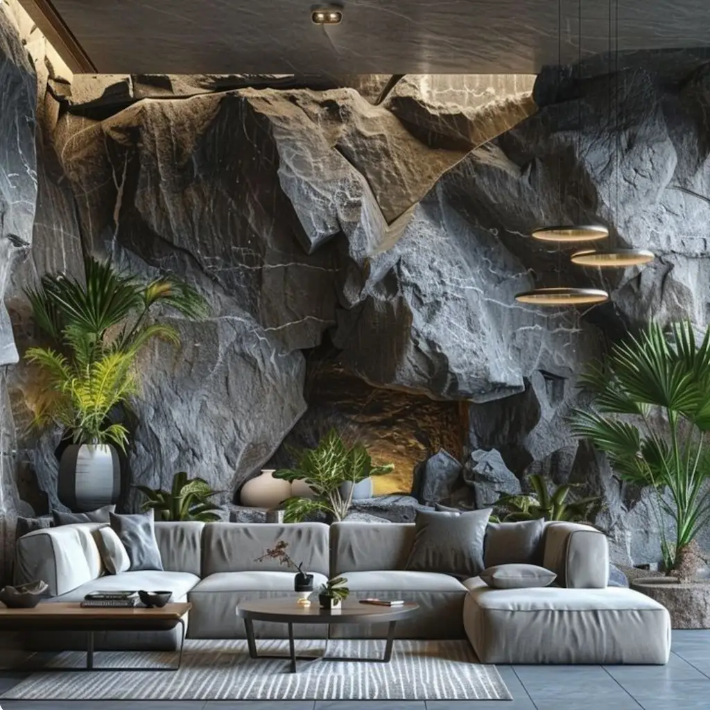 Salon contemporain aménagé dans une grotte avec roches artificielles en béton, mobilier moderne et plantes tropicales