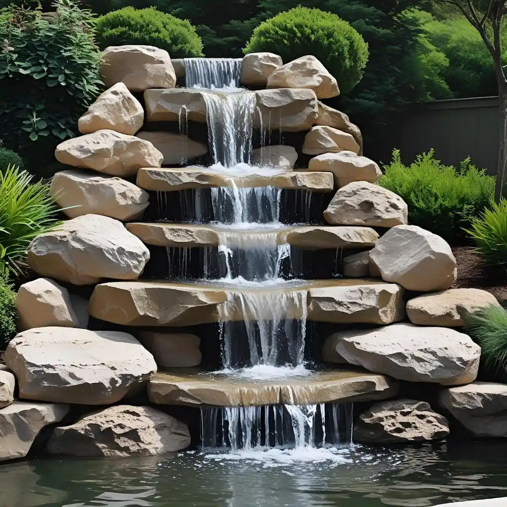 Cascade extérieure décorative avec roches sculptées en béton beige, bassin et végétation paysagère – Réalisation Art Déco Béton