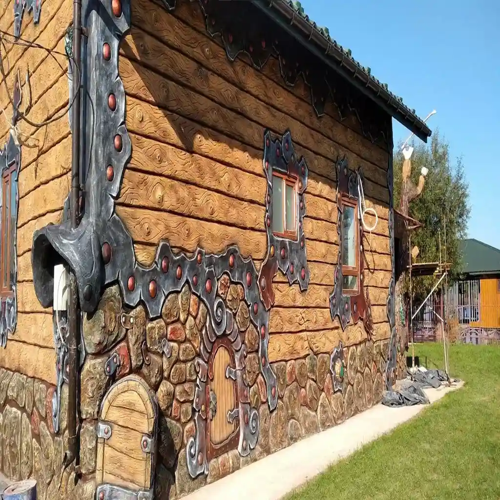 Façade en béton sculpté façon bois et pierre, design féerique et artistique – Création Art Déco Béton