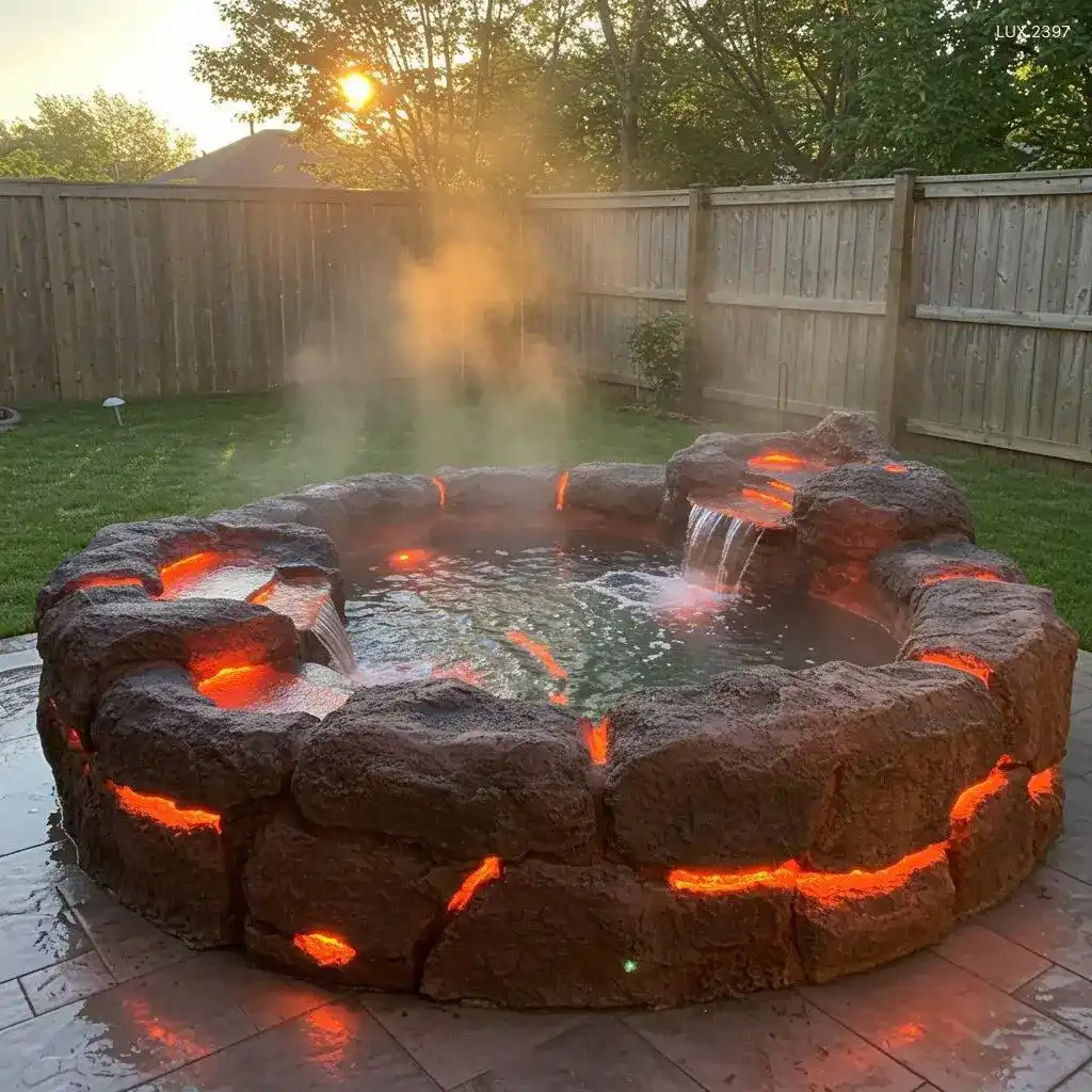acuzzi extérieur en béton sculpté avec éclairage rouge-orange façon lave, cascade et vapeur – Réalisation Art Déco Béton