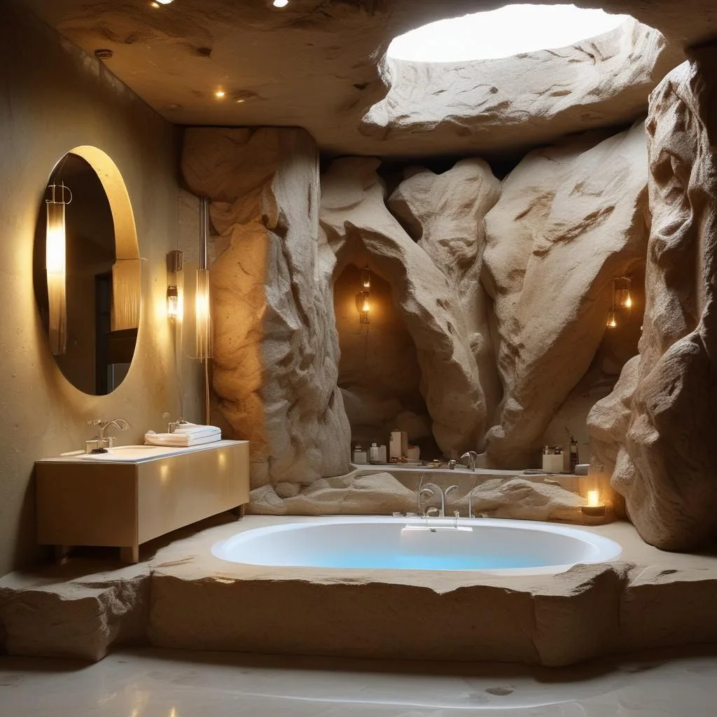 Jacuzzi intérieur intégré dans une structure en béton sculpté façon roche naturelle, avec puits de lumière et ambiance minérale – Réalisation Art Déco Béton