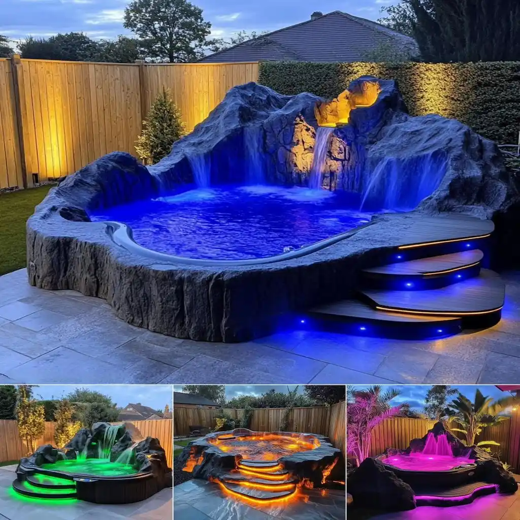 Jacuzzis extérieurs en béton sculpté façon roche naturelle, éclairage LED coloré et cascades – Réalisation Art Déco Béton