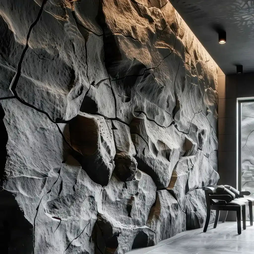 Façade intérieure en béton sculpté avec texture rocheuse réaliste, création signée Art Déco Béton