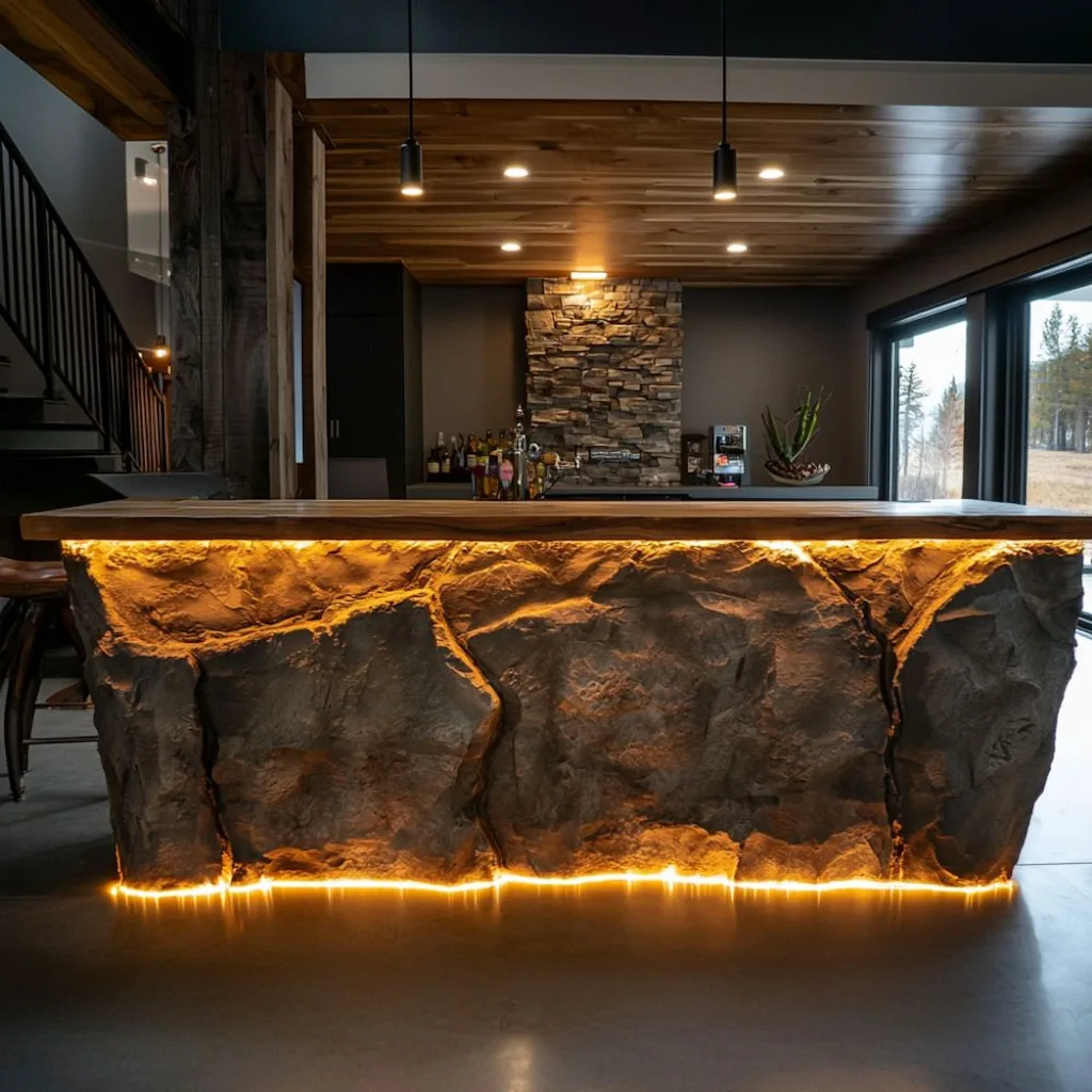Bar moderne Art Déco 34 avec façade en pierre texturée et éclairage LED chaud, plan de travail en bois et mur en pierre