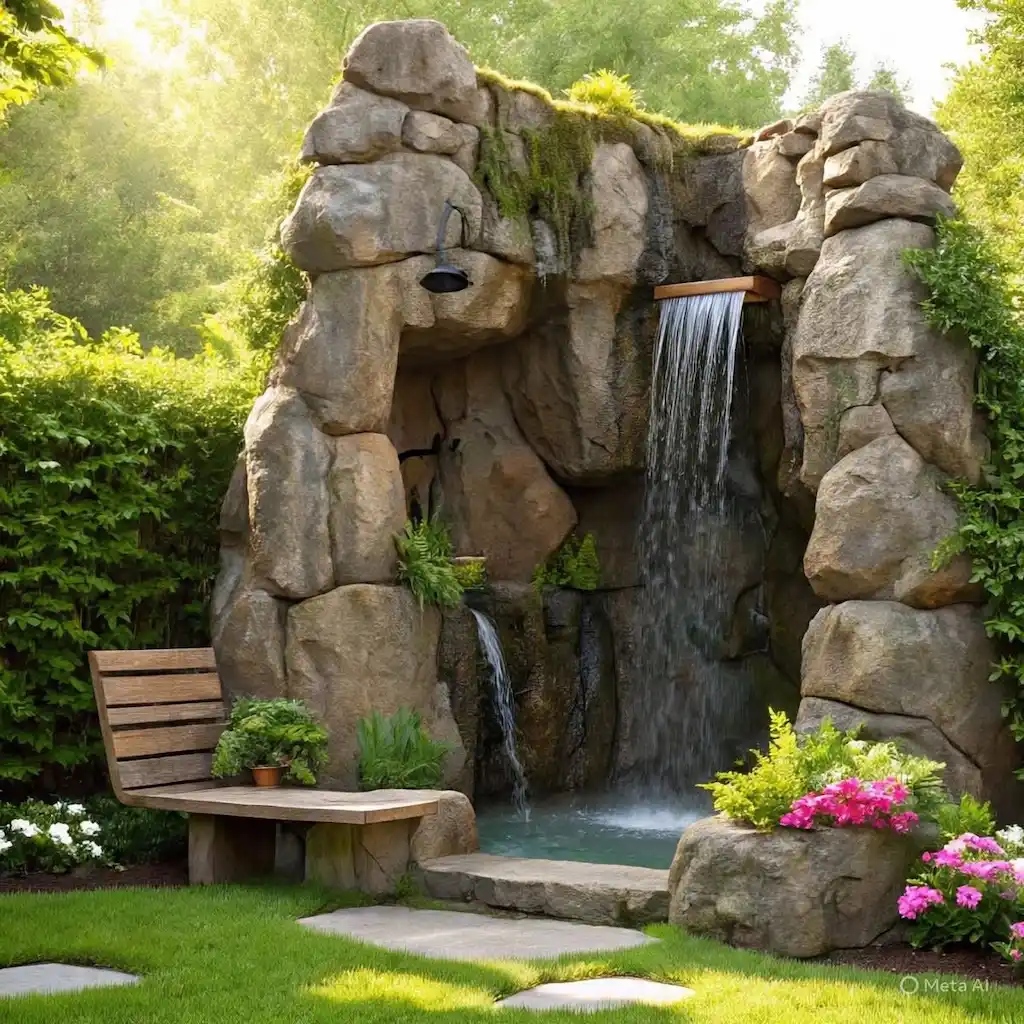 Cascade extérieure en béton sculpté Art Déco 34 avec bassin et végétation