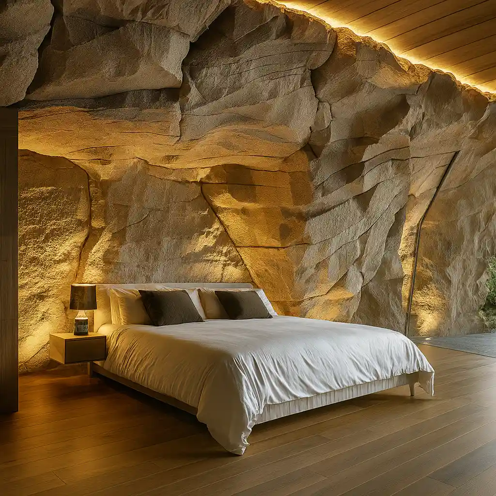 Chambre design avec mur en béton sculpté façon grotte et éclairage intégré – Création Art Déco 34