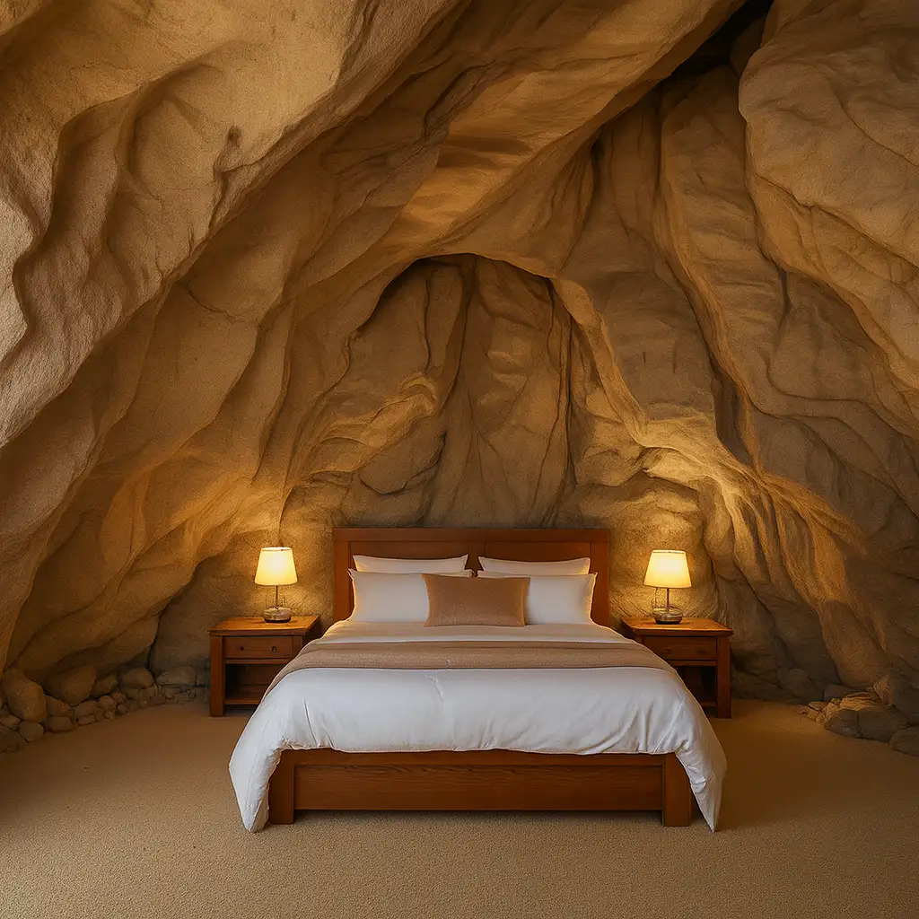 Chambre cosy avec murs en béton sculpté façon roche naturelle – Création Art Déco 34