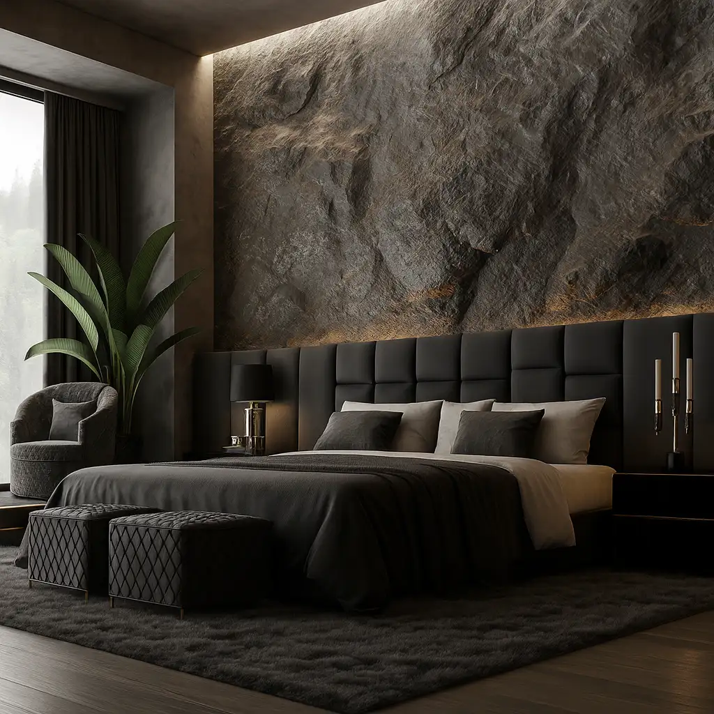 Chambre moderne avec mur en béton sculpté, éclairage doré et mobilier raffiné – Création Art Déco 34