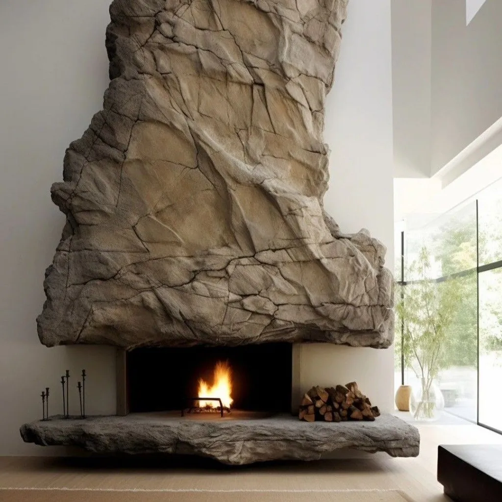 Cheminée Art Déco 34 en béton sculpté façon roche, avec foyer intégré et rangement à bois