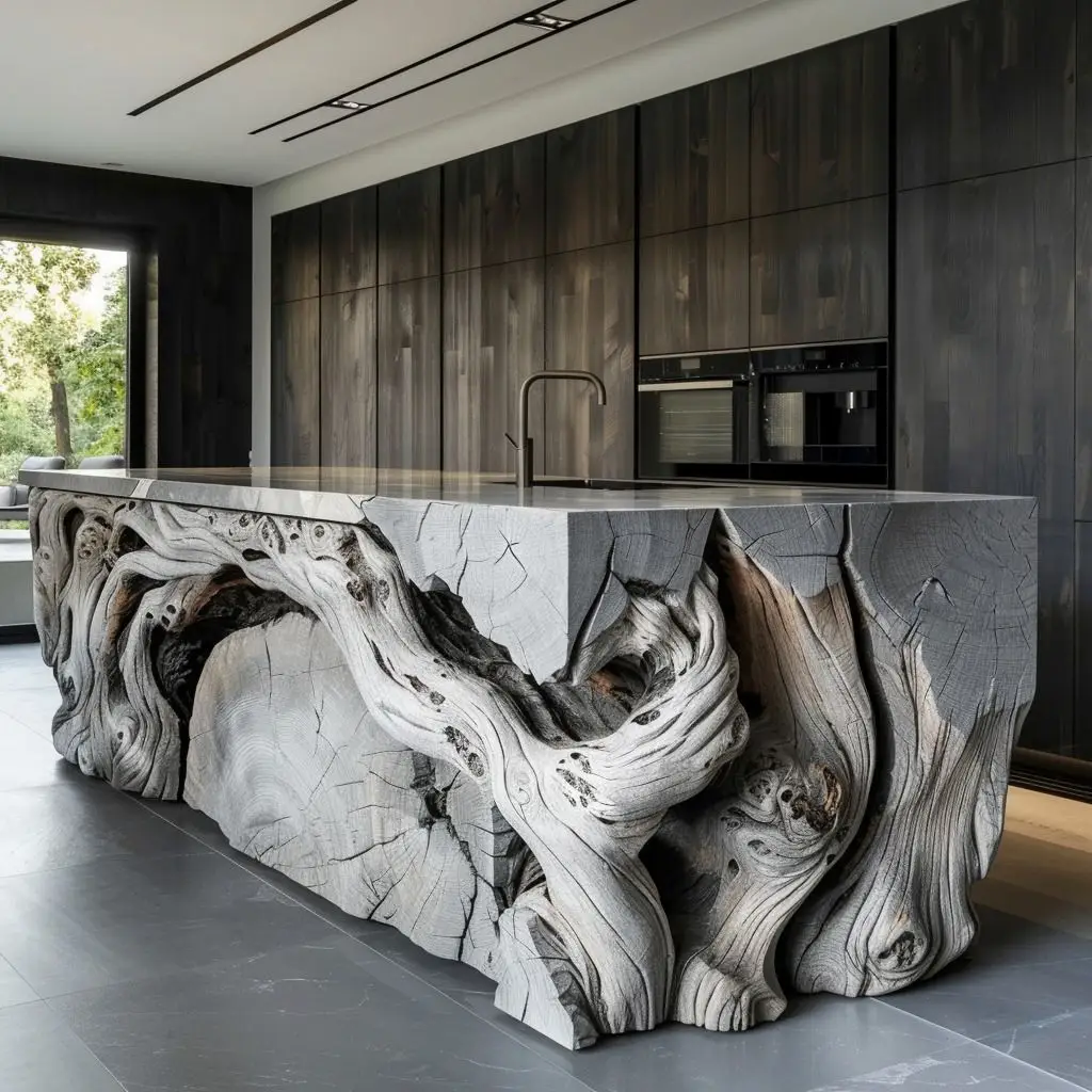 Cuisine moderne Art Déco 34 avec îlot central en béton sculpté imitant des racines de bois, avec plan de travail en pierre