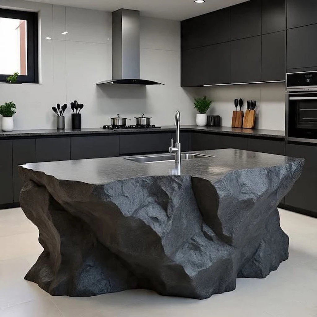 Cuisine moderne Art Déco 34 avec îlot central en pierre sombre sculptée, plan de travail lisse et finitions noires