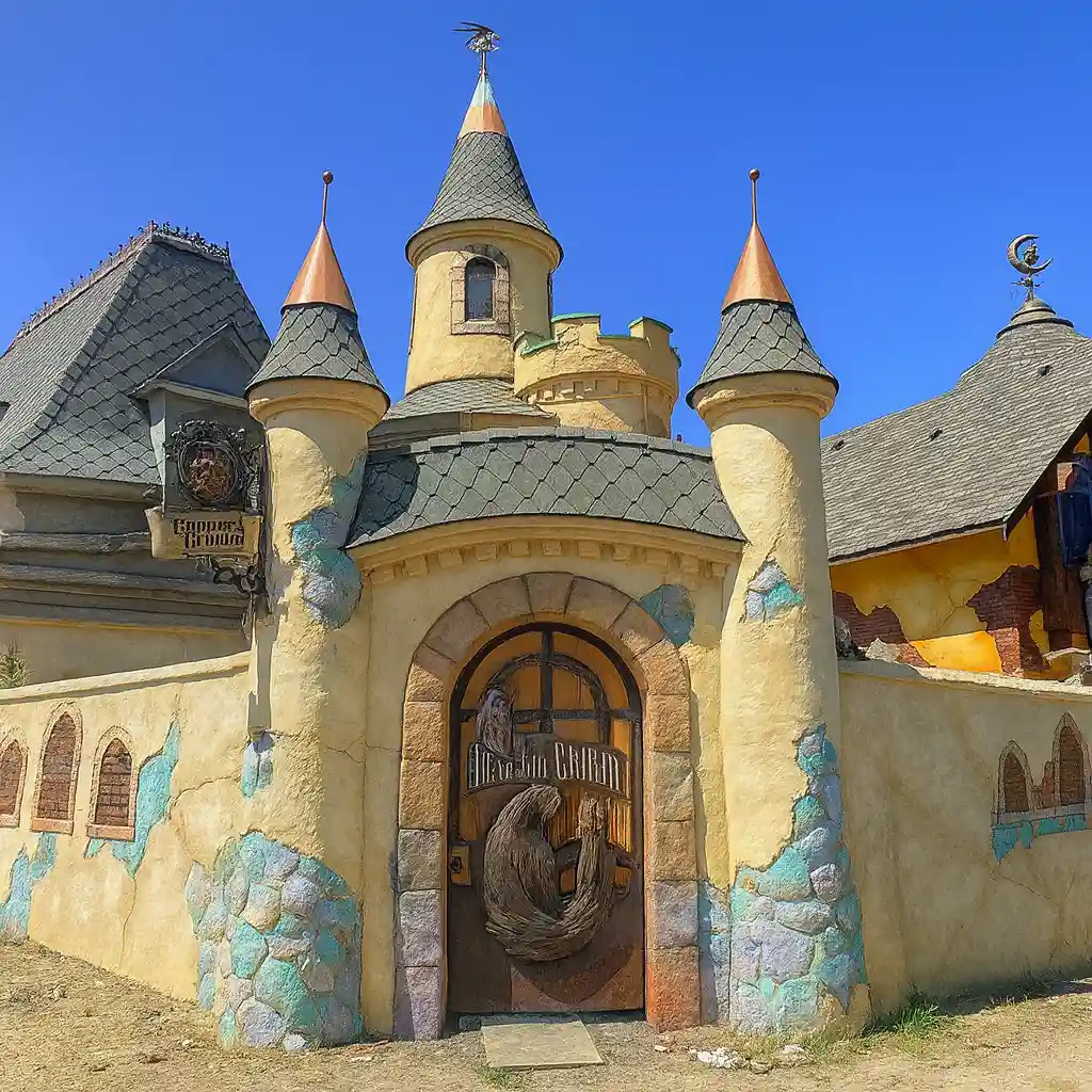 Façade de château décoratif avec tours coniques, portail sculpté et enseigne “Copper Crown” – Art Déco 34