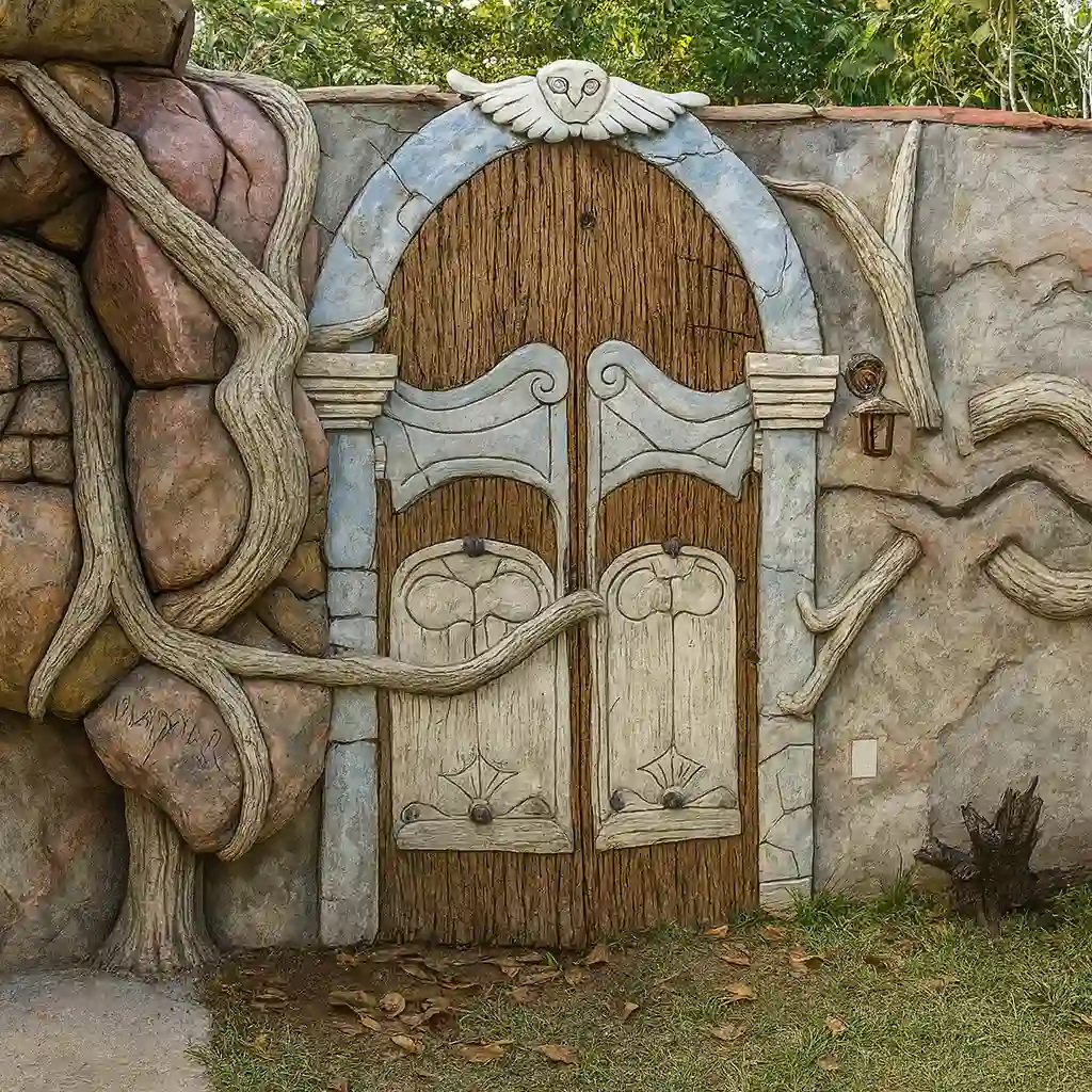 Façade décorative en béton avec porte sculptée, racines entremêlées et motif d’oiseau – Création Art Déco 34