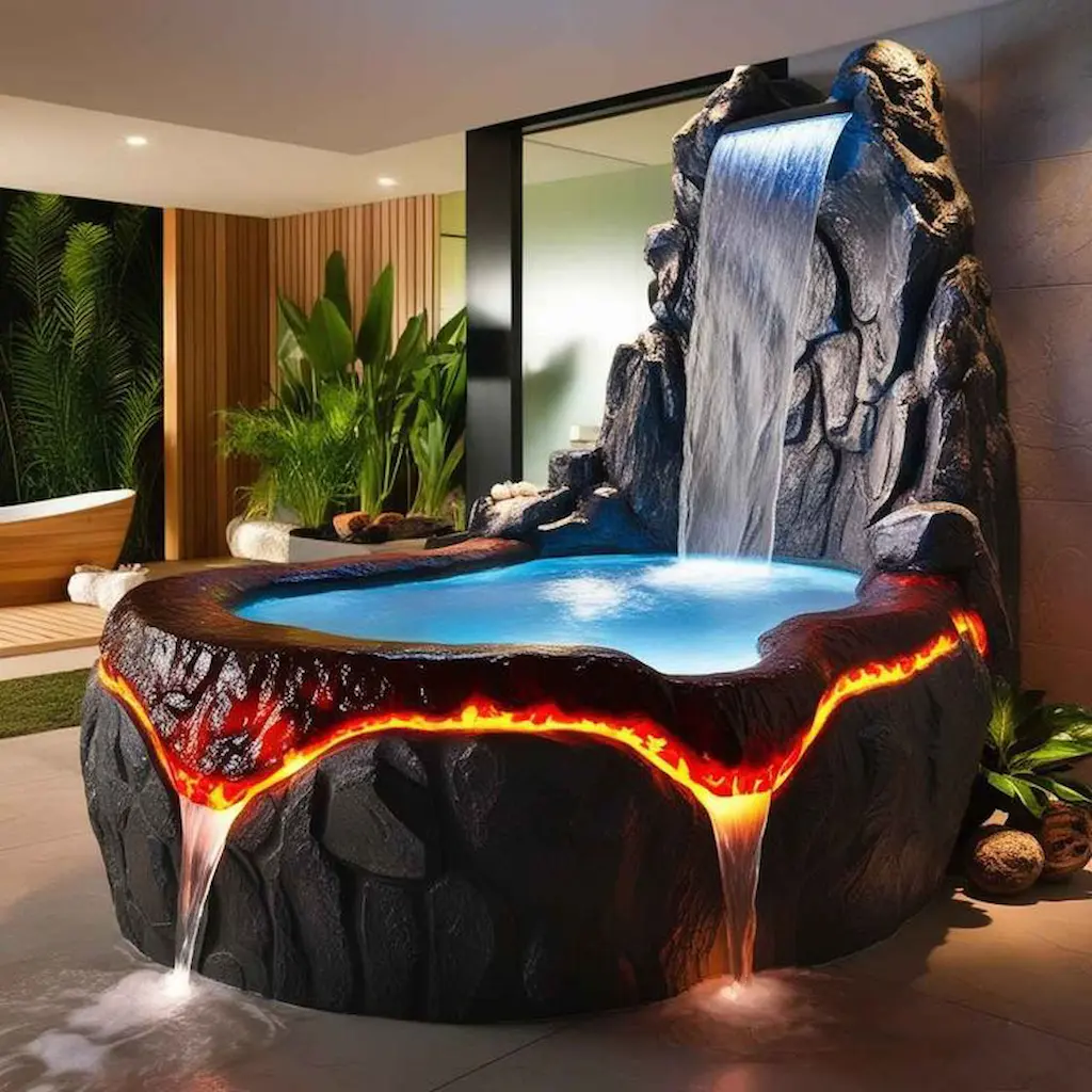 Jacuzzi intérieur Art Déco 34 avec cascade volcanique en béton sculpté et éclairage immersif