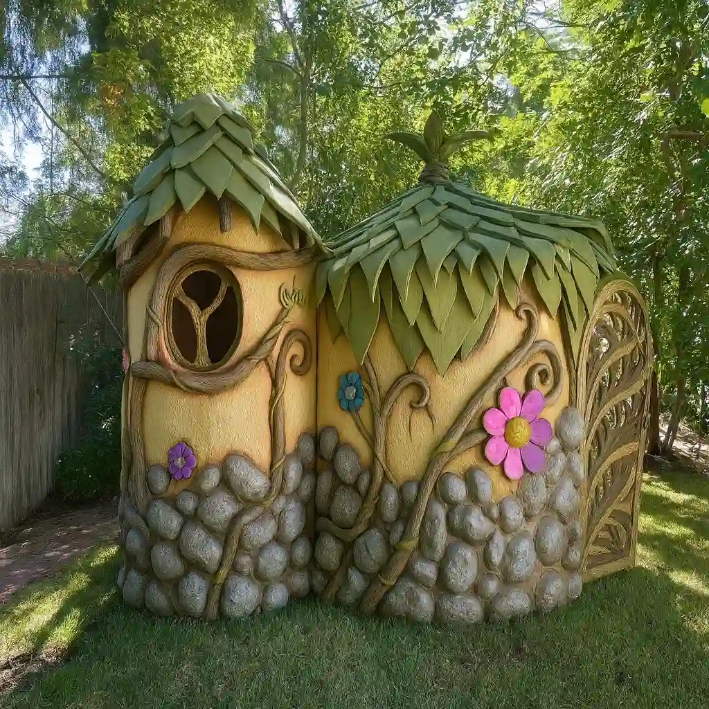 Maison décorative féerique avec toit feuillu et sculptures florales – Art Déco 34