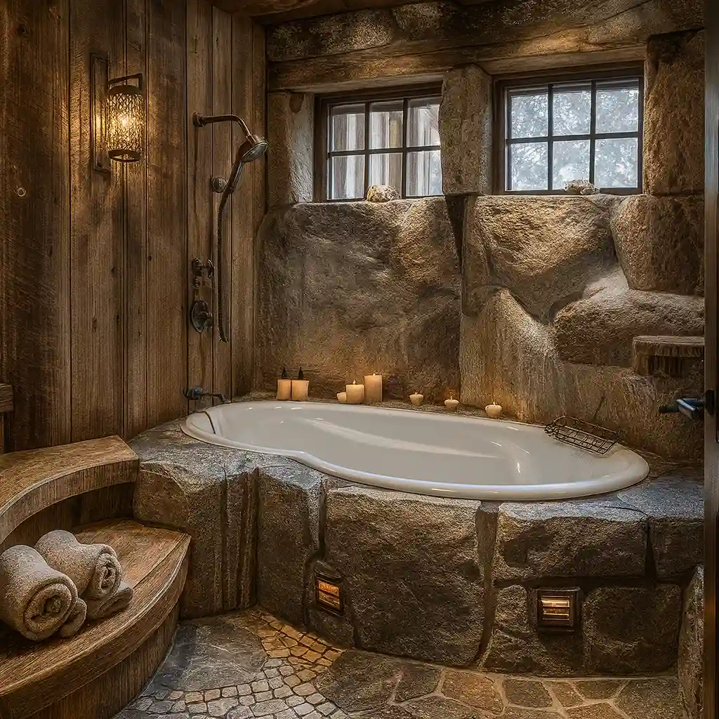 Salle de bain cosy avec baignoire encastrée en pierre, éclairage doux et décor bois – Création Art Déco 34