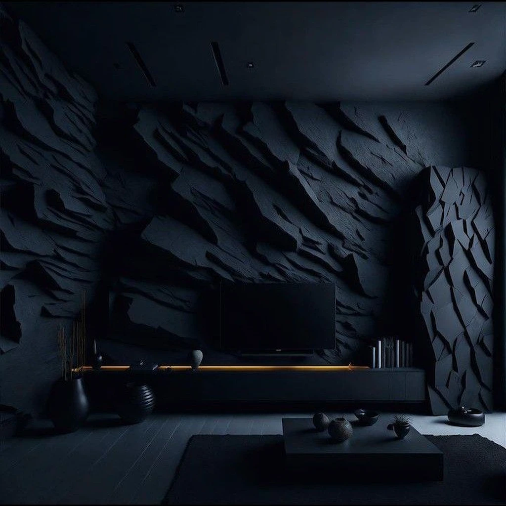 Salon Art Déco 34 avec mur en béton sculpté noir, mobilier minimaliste et éclairage LED intégré