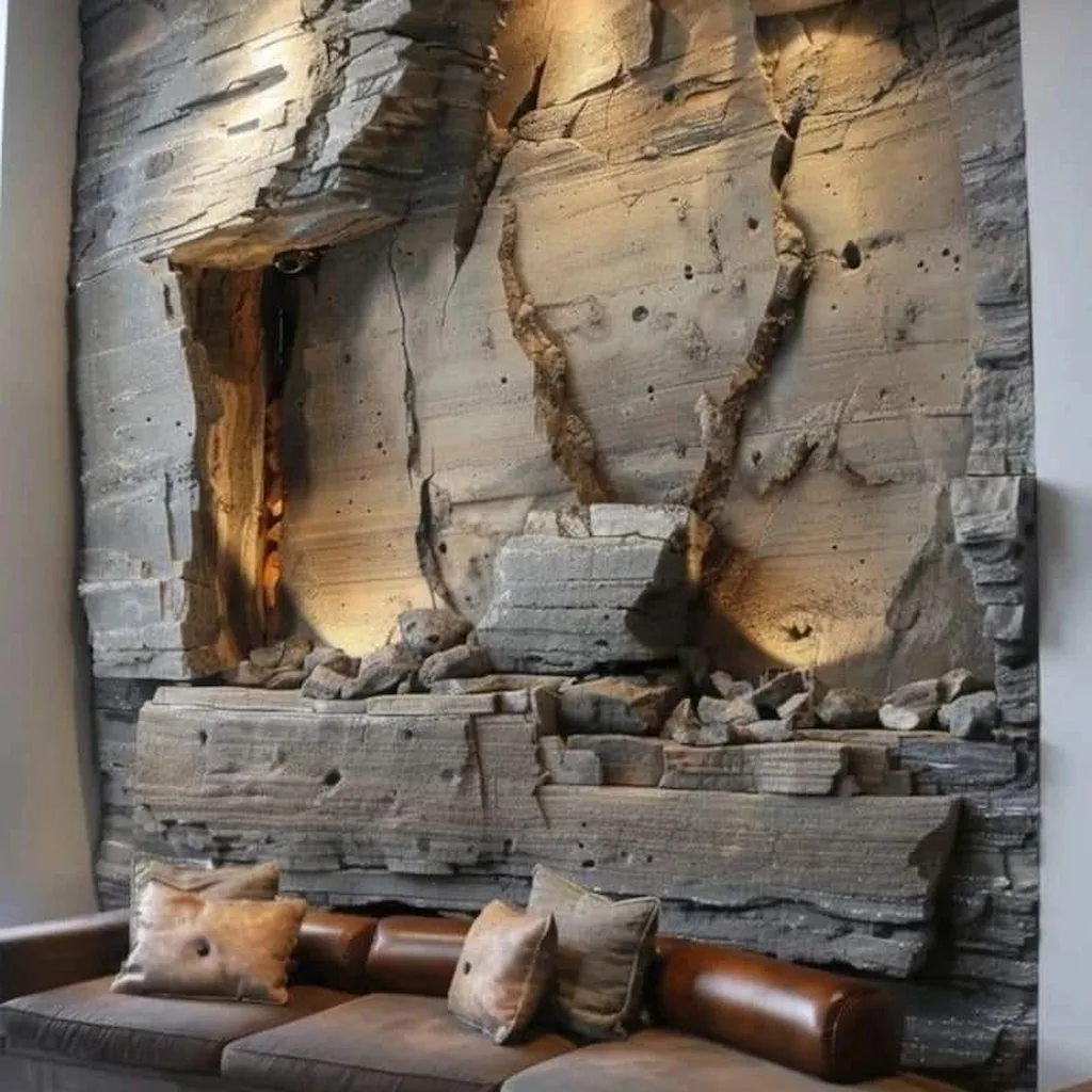 Mur en béton sculpté Art Déco 34 avec éclairage intégré, style minéral pour salon moderne