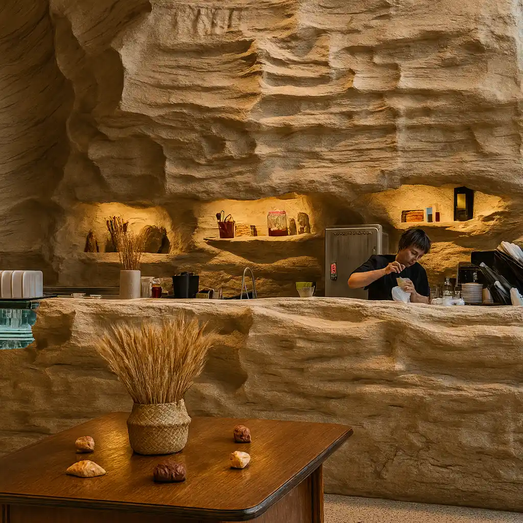 Bar café en béton sculpté beige dans un salon professionnel Art Déco 34