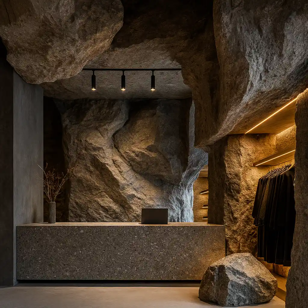 Intérieur professionnel Art Déco 34 avec murs en béton sculpté et ambiance minérale