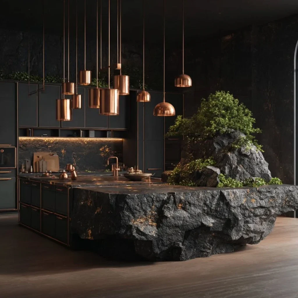 Îlot de cuisine en roche brute avec végétation intégrée et luminaires en cuivre dans une cuisine moderne – Réalisation Art Déco Béton