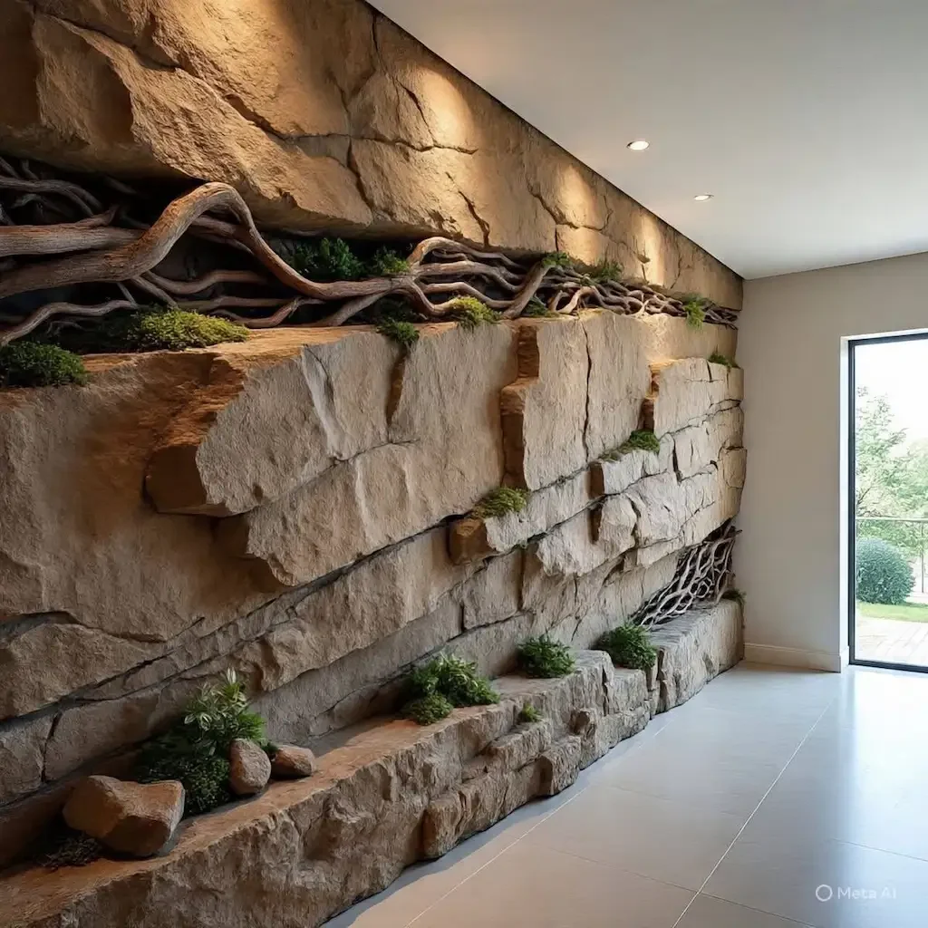 Mur intérieur en béton sculpté façon roche naturelle avec crevasses végétalisées et éclairage architectural – Réalisation Art Déco Béton